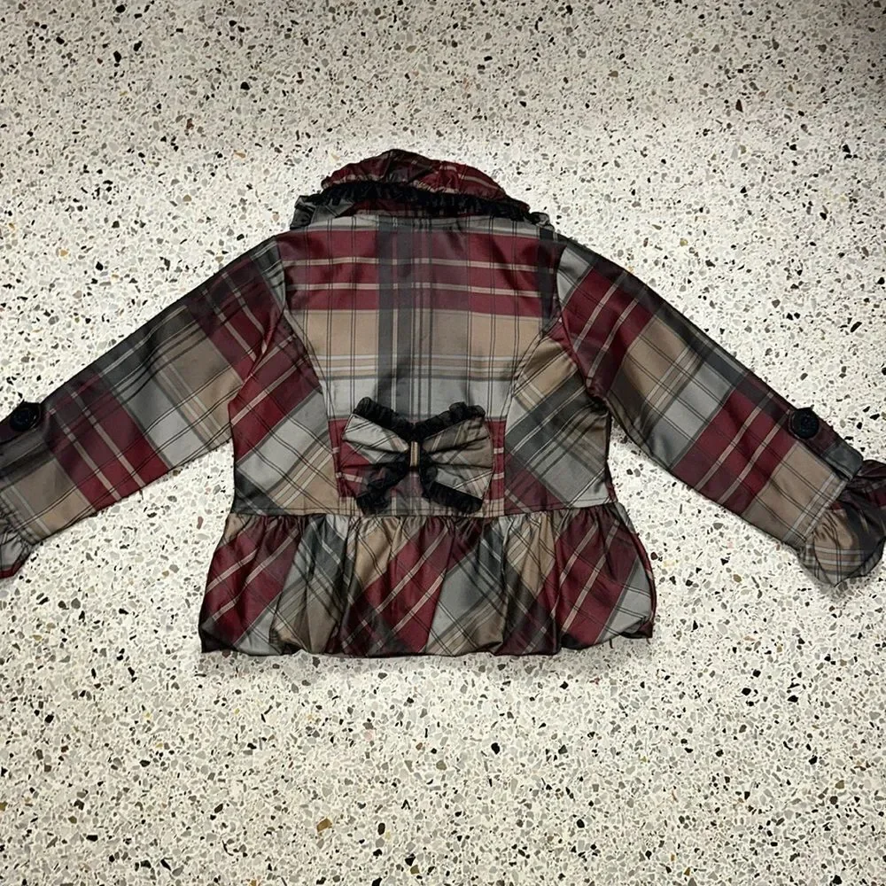 Burberry plaid jacket ruffle burgundy grey small s